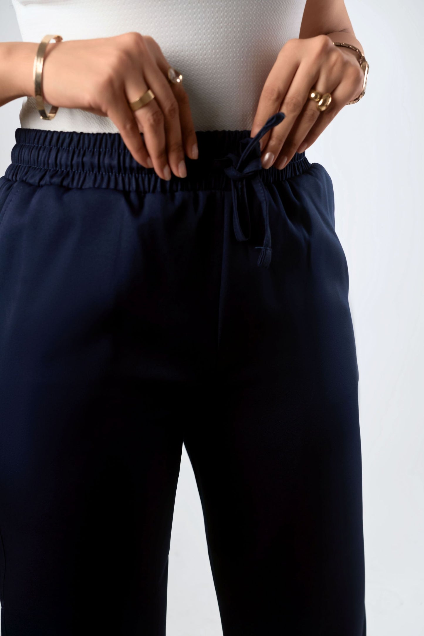 Women's Navy Wide-Leg Drawstring Trousers