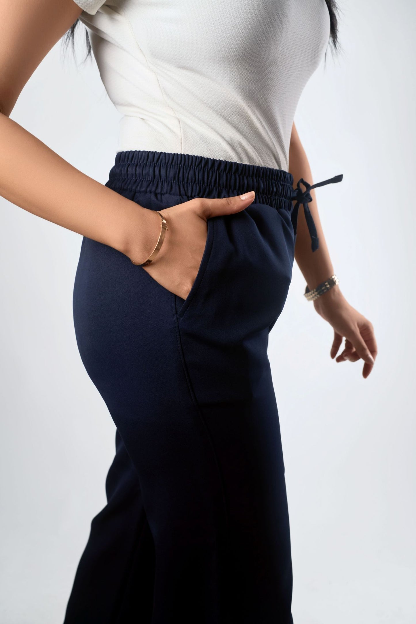 Women's Navy Wide-Leg Drawstring Trousers