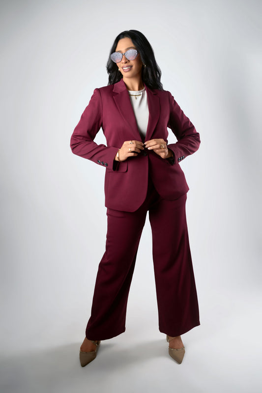 Burgundy Relaxed Fit Blazer & Drawstring Trousers Set
