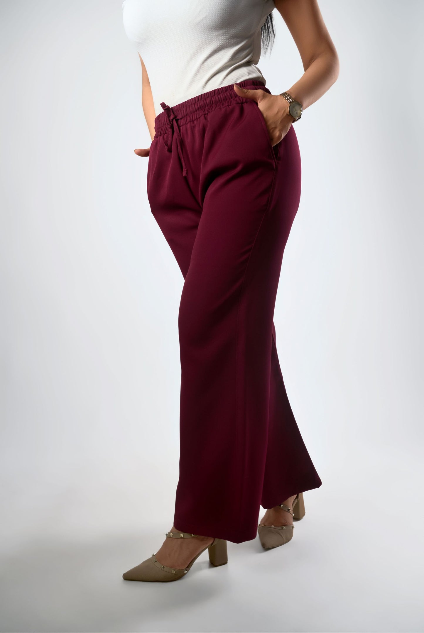 Women's Burgundy Wide-Leg Drawstring Trousers
