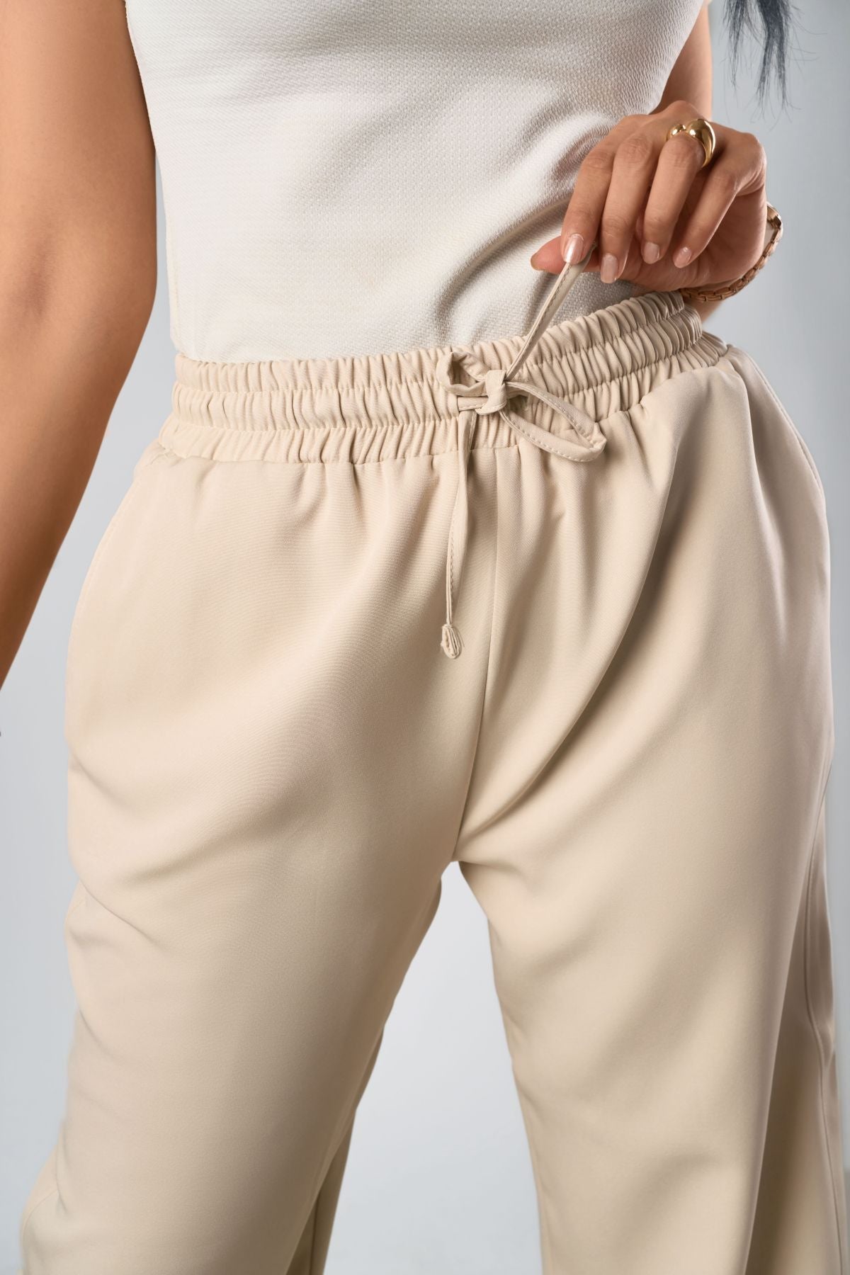 Beige Relaxed Fit Blazer & Drawstring Trousers Set