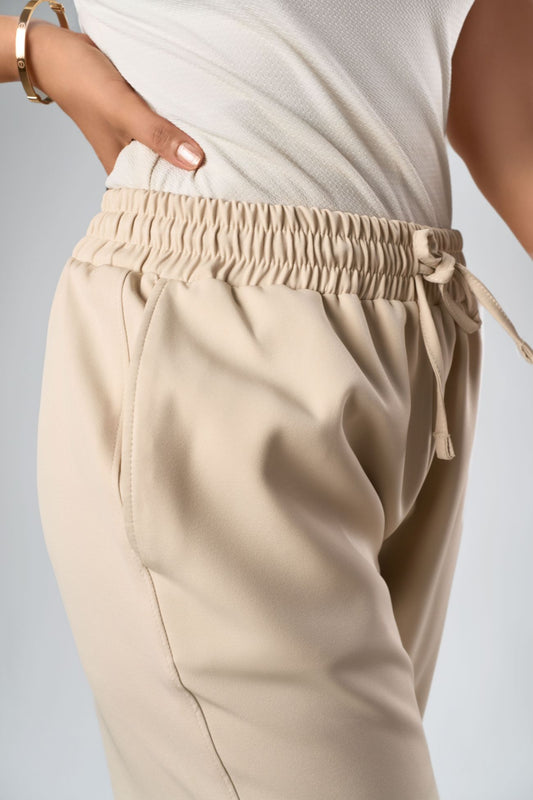 Women's Beige Wide-Leg Drawstring Trousers