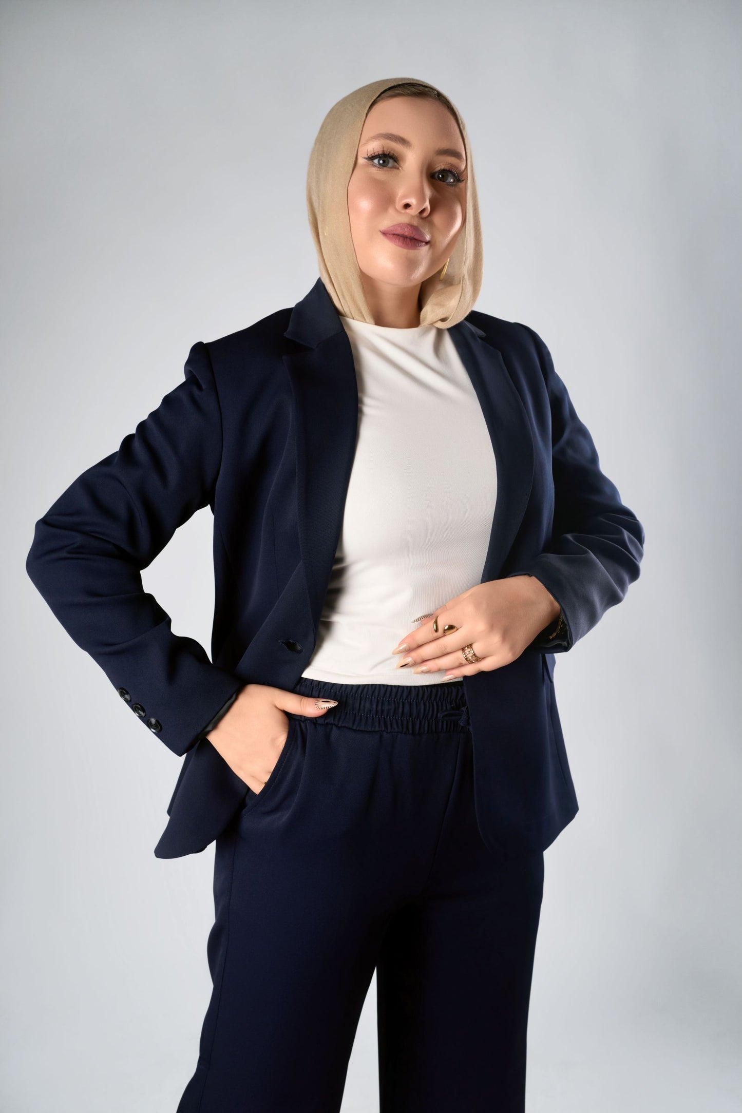 Navy Relaxed Fit Blazer & Drawstring Trousers Set