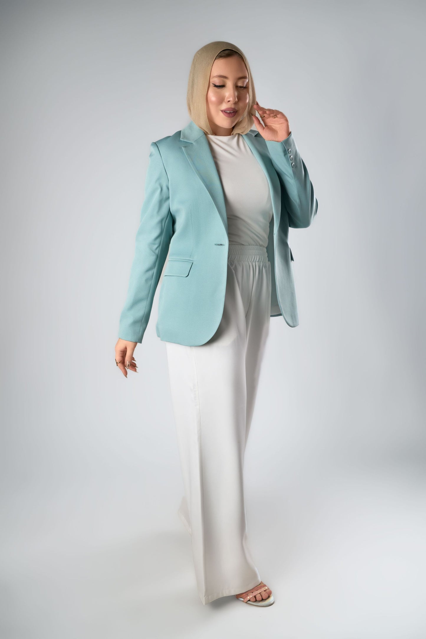 Turquoise Relaxed Fit Blazer & Drawstring Trousers Set