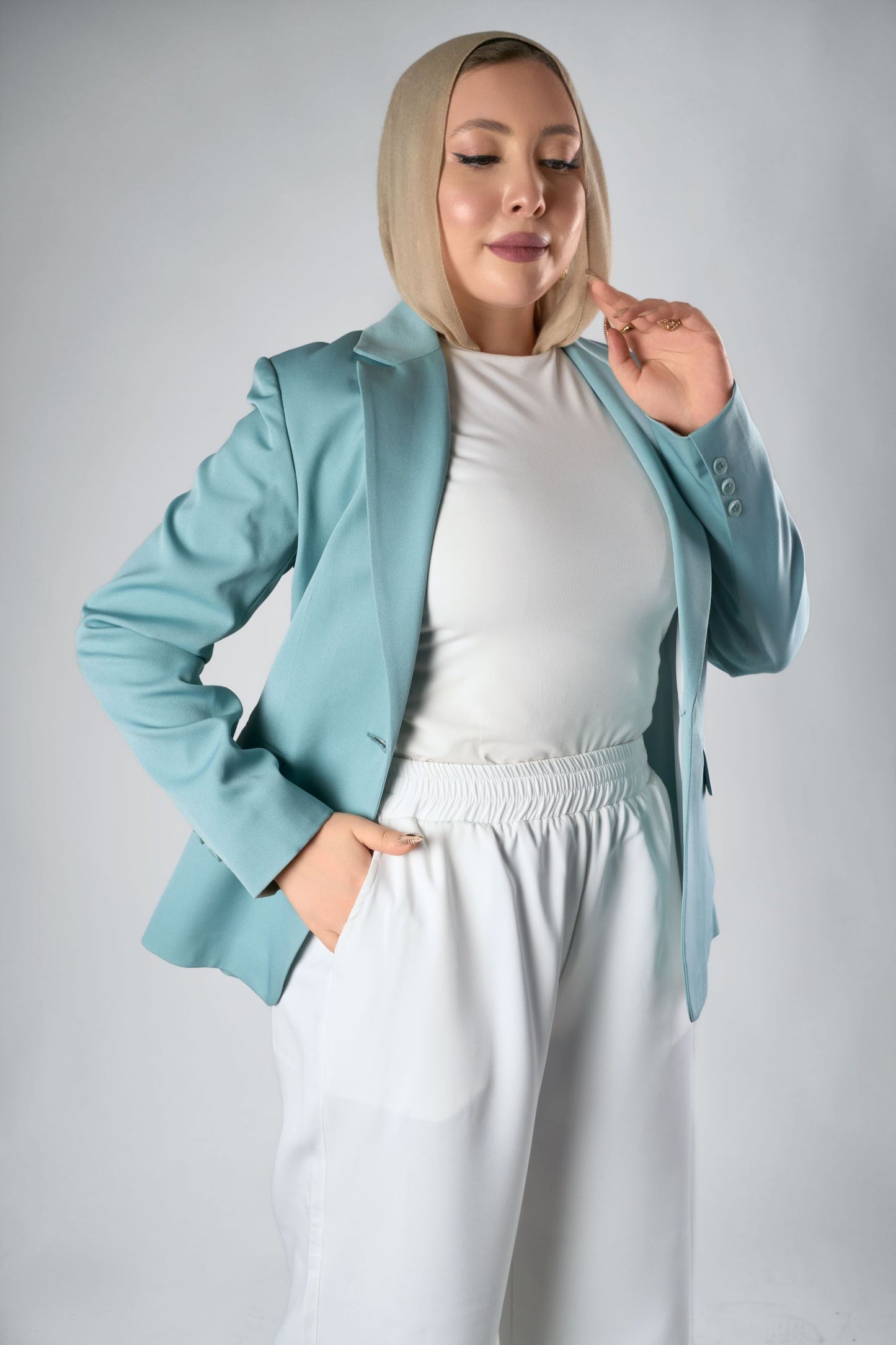 Turquoise Relaxed Fit Blazer & Drawstring Trousers Set