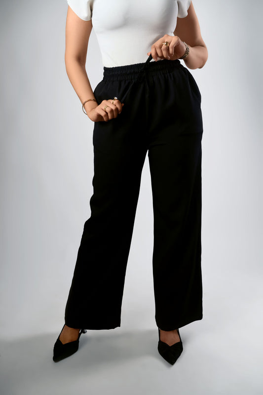 Women's Black Wide-Leg Drawstring Trousers