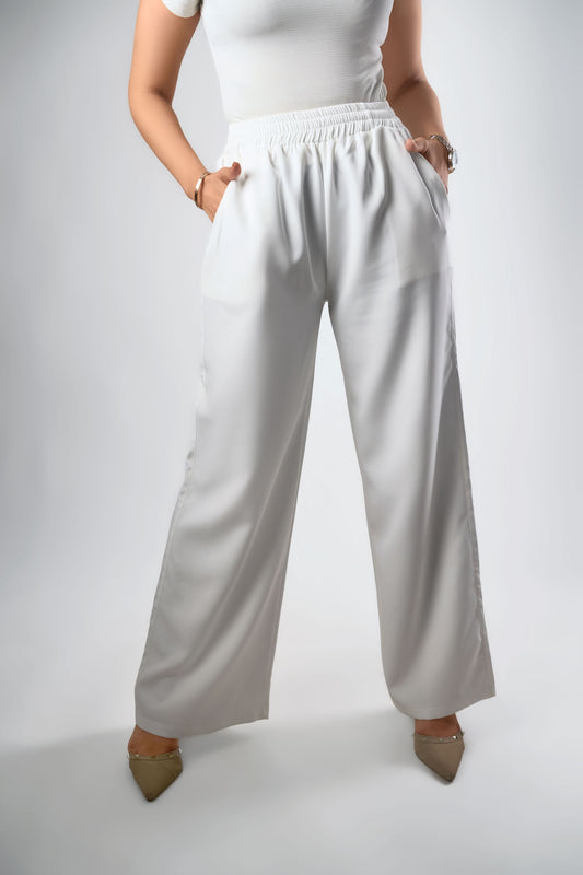 Women's White Wide-Leg Elastic Waist Trousers