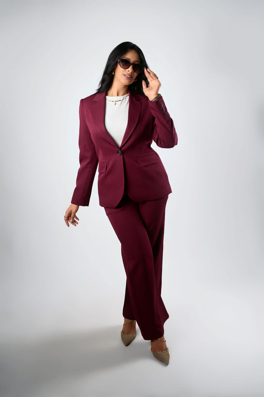 Burgundy Relaxed Fit Blazer & Drawstring Trousers Set