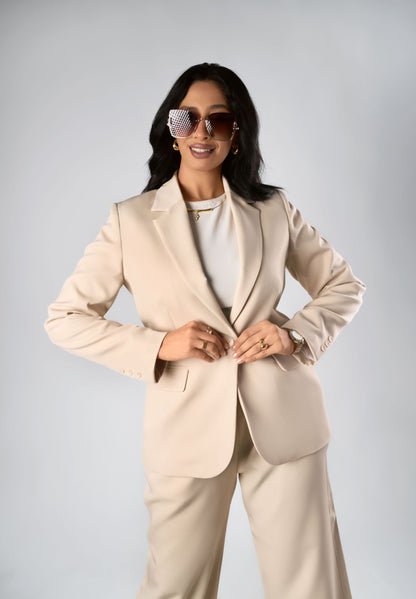 Beige Relaxed Fit Blazer & Drawstring Trousers Set