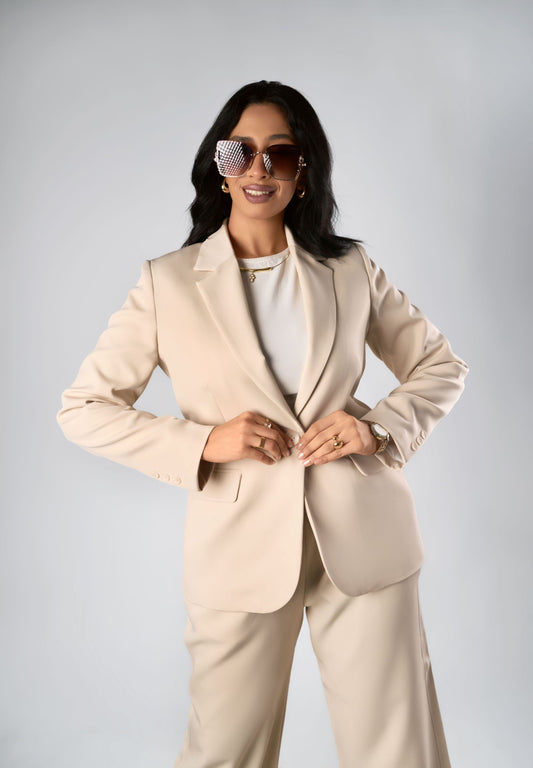 Beige Relaxed Fit Blazer & Drawstring Trousers Set