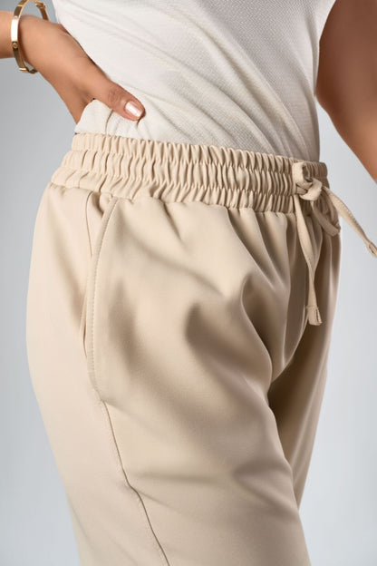 Beige Relaxed Fit Blazer & Drawstring Trousers Set