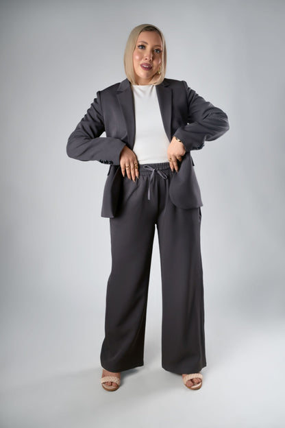 Charcoal Gray Relaxed Fit Blazer & Drawstring Trousers Set