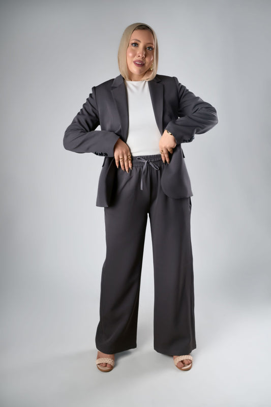 Charcoal Gray Relaxed Fit Blazer & Drawstring Trousers Set